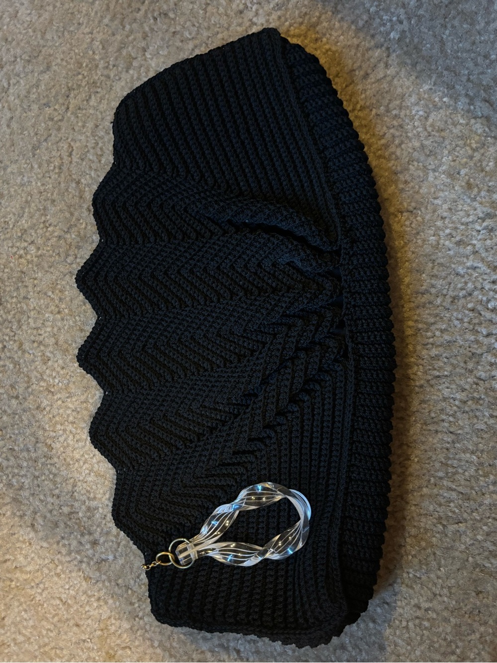 Vintage Black Corded Knit Clutch with Twisted Lucite pull